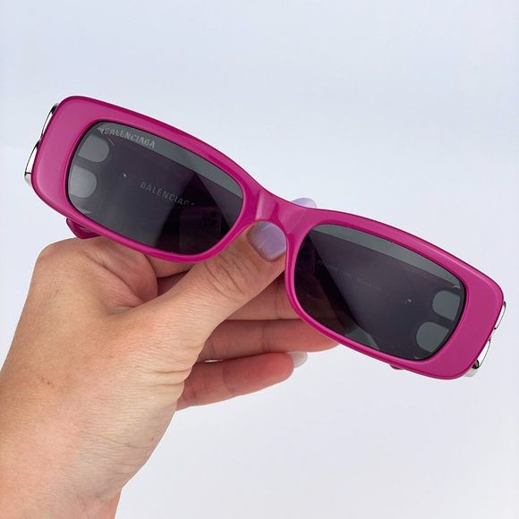 Balenciaga BB0096S 016 Sunglasses Fuchsia Purple Silver Logo Rectangle Unisex - Picture 7 of 15
